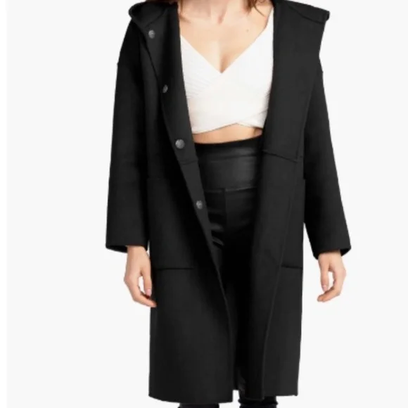 $279 Unworn Belle & Bloom Sunday Morning Hooded Wool Blend Coat in Black Jackets & Coats